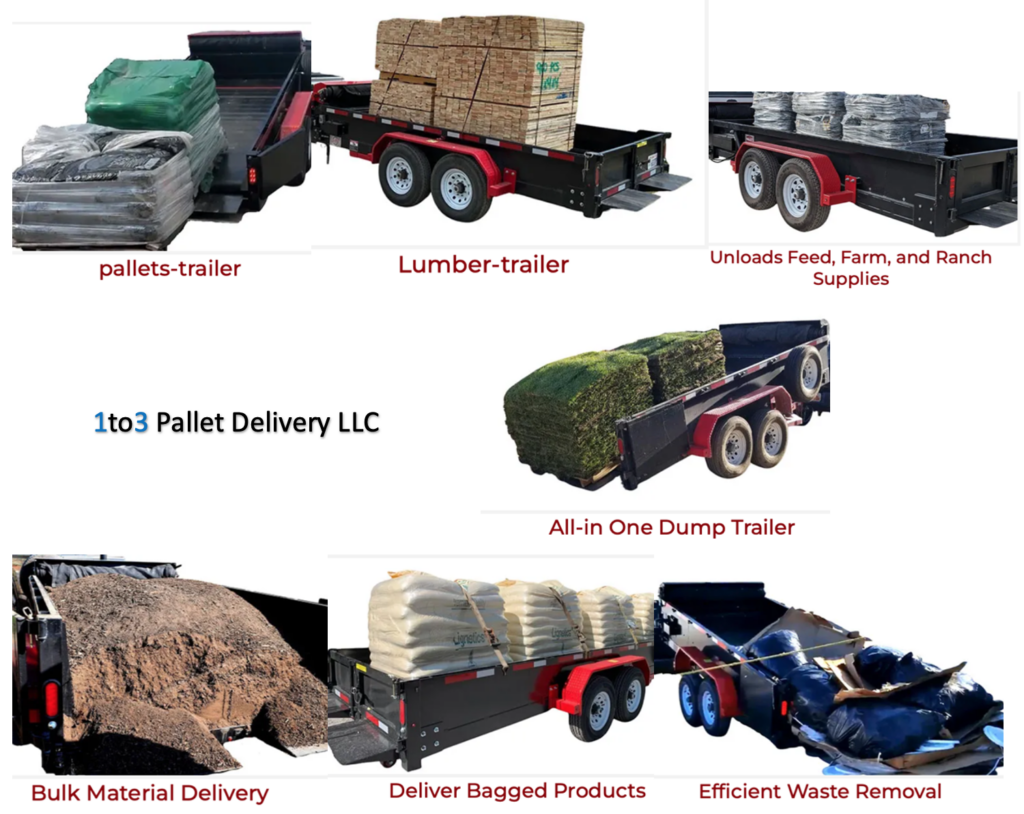 We use custom all-in-one dump trailer to deliver pallets, ranch supplies, lumber, bulk material, bagged products and also waste removal